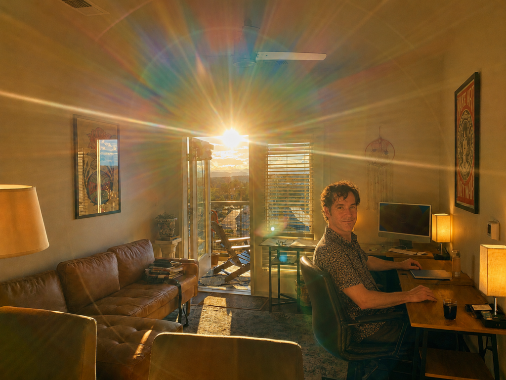 Geordie Buxton working from a Santa Fe office with golden sunlight and mountain views